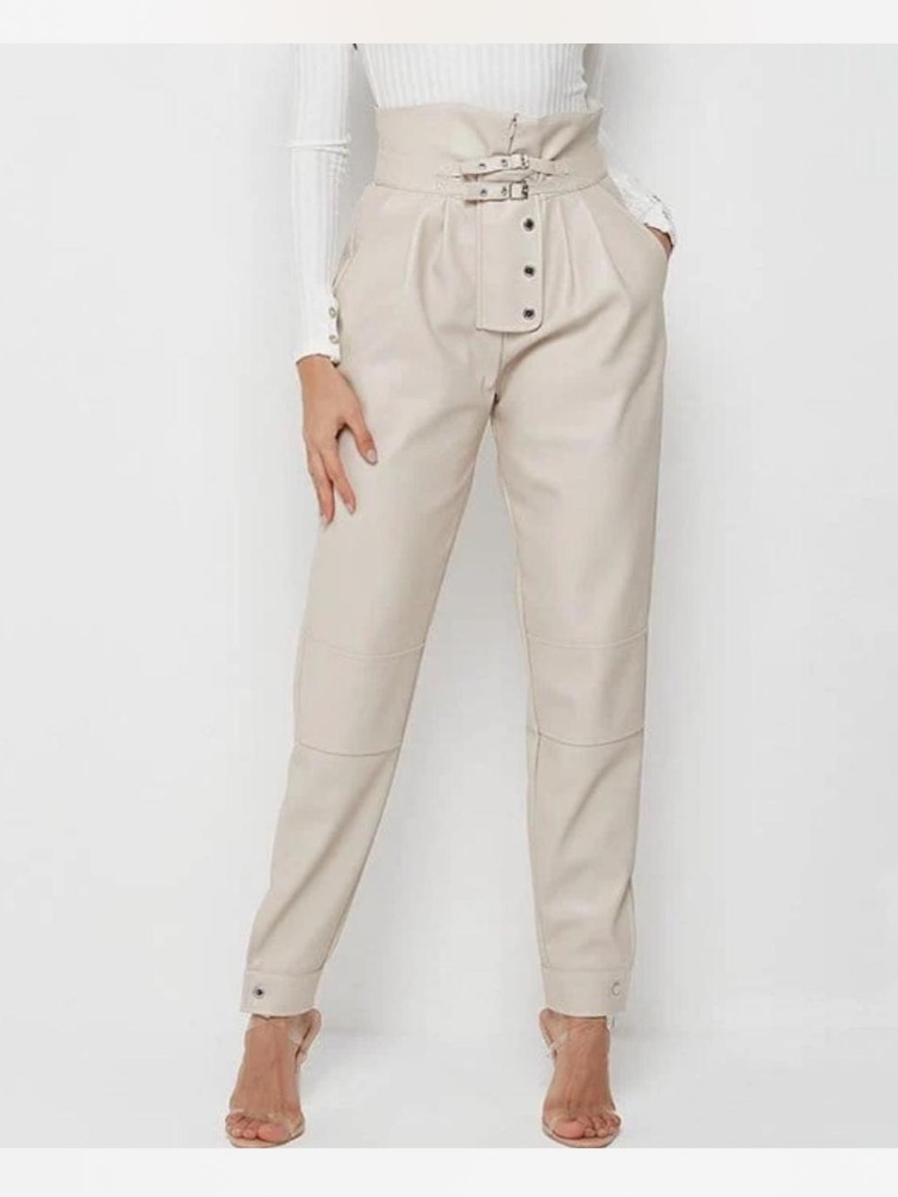 Manière De Voir Faux Leather Buckle High Waist Tapered Pants Cream Size 8 NWT